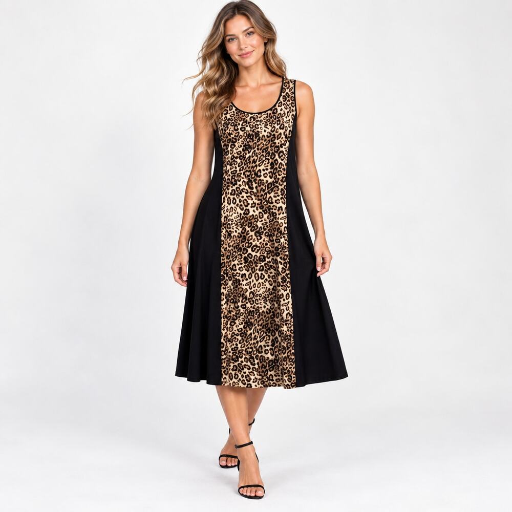 Susan Graver Liquid Knit Dress Women's Size XL Black Animal Print Office Casual